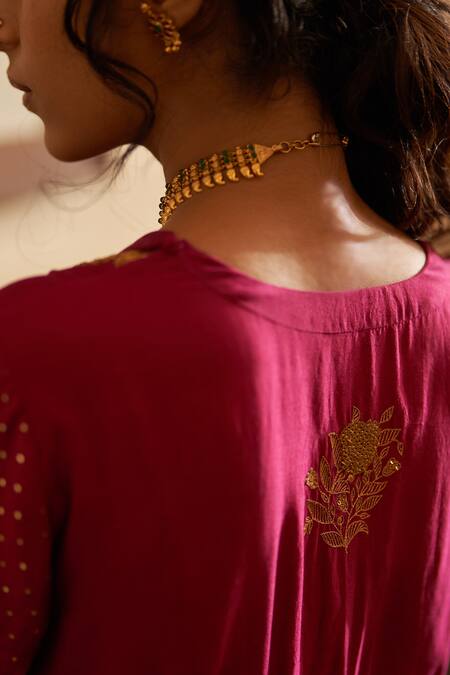 Label Earthen_Magenta Chanderi, Silk Zari, Sequins, Sunari Dhaari Anarkali And Pant Set _at_Aza_Fashions