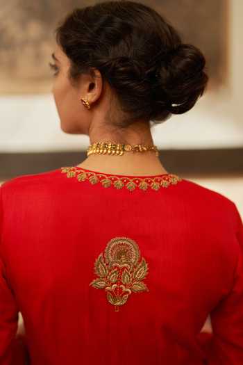 Label Earthen_Red Silk, Velvet Embroidery V-neck Surkh Zardozi Anarkali And Pant Set _Online_at_Aza_Fashions