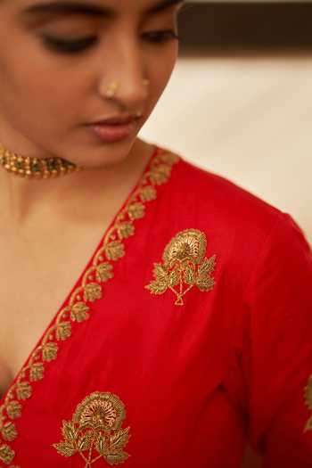 Shop_Label Earthen_Red Silk, Velvet Embroidery V-neck Surkh Zardozi Anarkali And Pant Set _Online_at_Aza_Fashions