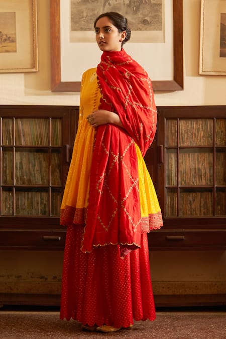 Label Earthen Surmai Rani Woven Anarkali Sharara Set 