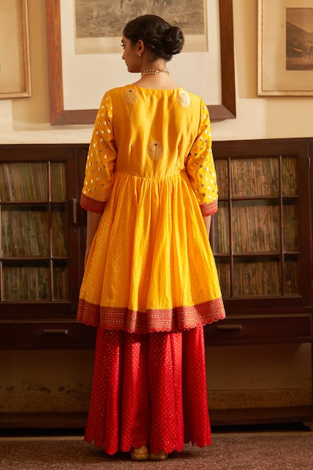 Label Earthen_Yellow Silk, Chanderi, Chiffon Mirrors Surmai Rani Woven Anarkali Sharara Set _Online_at_Aza_Fashions