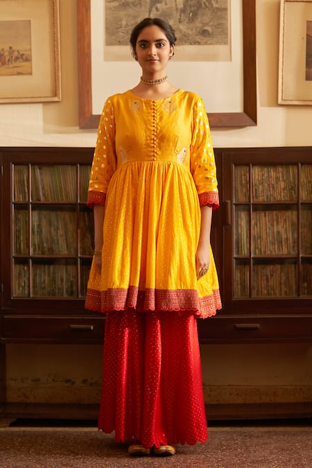 Buy_Label Earthen_Yellow Silk, Chanderi, Chiffon Mirrors Surmai Rani Woven Anarkali Sharara Set _Online_at_Aza_Fashions