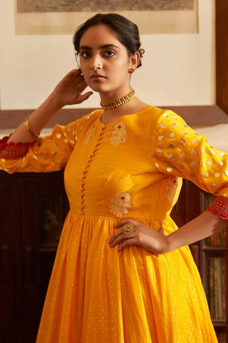 Label Earthen_Yellow , Silk Zari, Surmai Rani Anarkali And Sharara Set _Online_at_Aza_Fashions