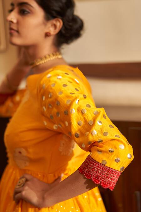 Buy_Label Earthen_Yellow , Silk Zari, Surmai Rani Anarkali And Sharara Set _Online_at_Aza_Fashions