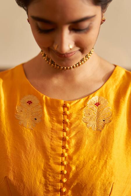 Shop_Label Earthen_Yellow , Silk Zari, Surmai Rani Anarkali And Sharara Set _Online_at_Aza_Fashions