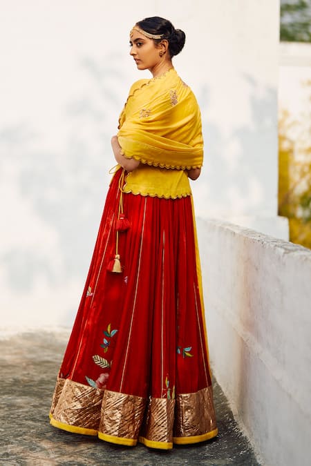 Buy Label Earthen Red Silk, Velvet Embroidery, Zari V-neck Champa Floral Print Lehenga Set Online at Aza Fashions Buy_Label Earthen_Red Silk, Velvet Embroidery, Zari V-neck Champa Floral Print Lehenga Set _Online_at_Aza_Fashions