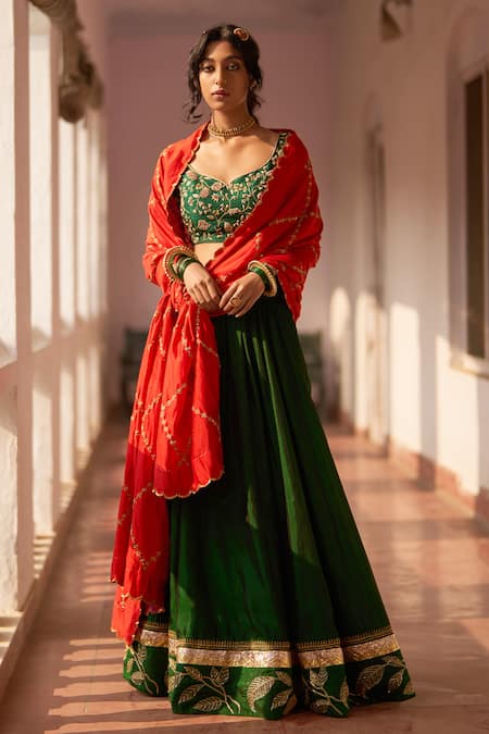 Label Earthen Rani Bahar Reshmi Embroidered Blouse Lehenga Set 