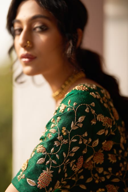 Label Earthen_Green Silk, Handloom Cotton Embroidery, Rani Bahar Reshmi Blouse Lehenga Set _Online_at_Aza_Fashions