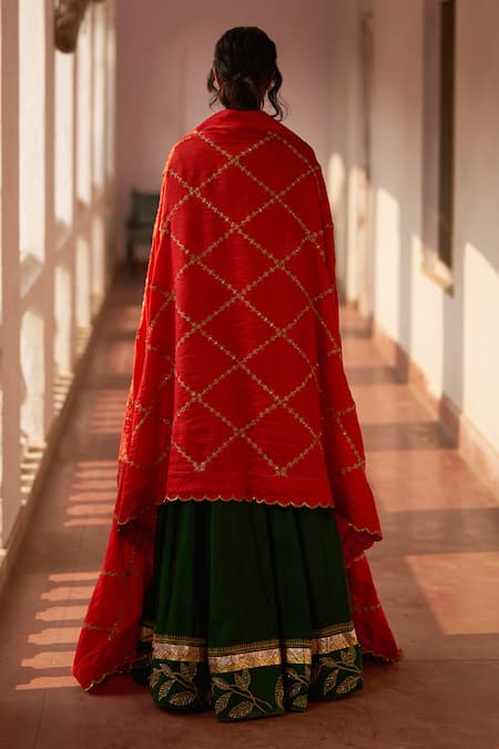 Buy_Label Earthen_Green Silk, Handloom Cotton Embroidery, Rani Bahar Reshmi Blouse Lehenga Set _Online_at_Aza_Fashions