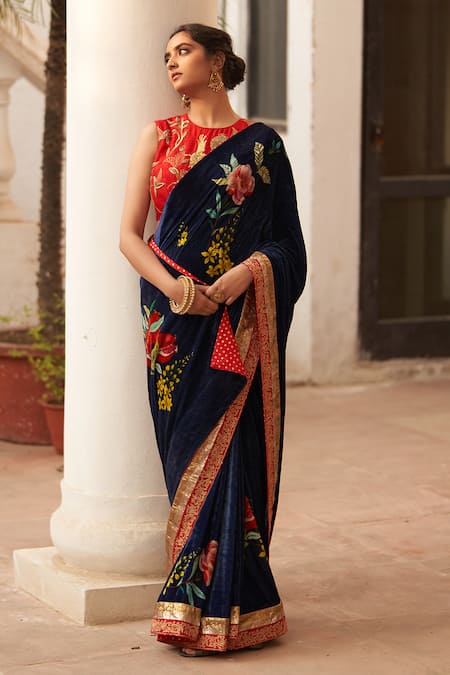 Buy_Label Earthen_Blue Silk, Velvet Zari, Sequins Round Neck Syahi Floral Print Saree And Blouse Set _Online_at_Aza_Fashions