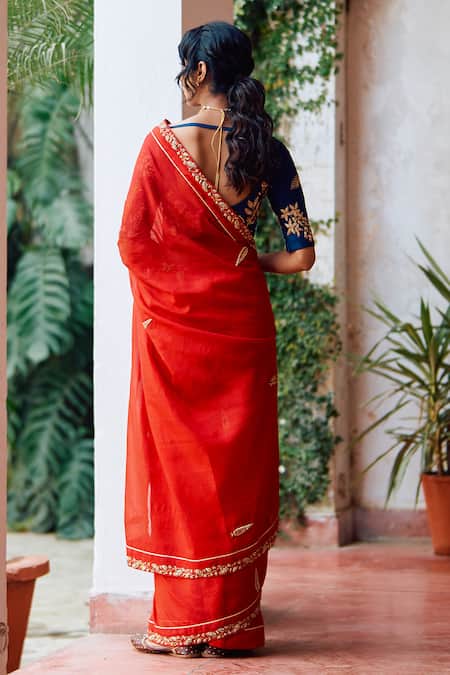 Label Earthen_Red , Satin Zari Boat Seetaphool Rani Embroidered Saree And Blouse Set _Online_at_Aza_Fashions