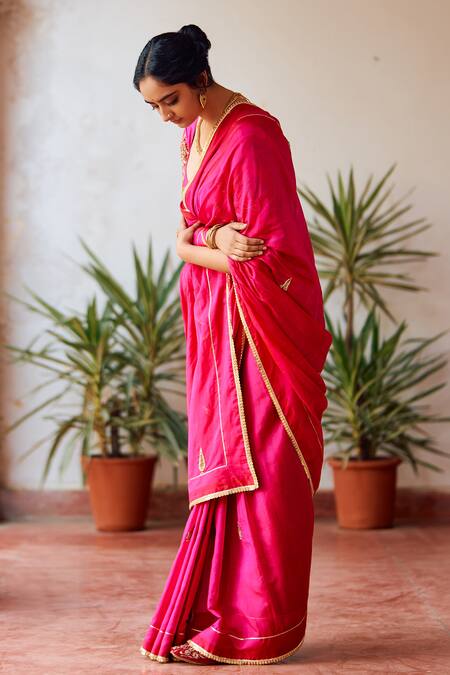 Buy_Label Earthen_Pink Silk Zari Zariphool Rani Embroidered Saree And Blouse Set _Online_at_Aza_Fashions