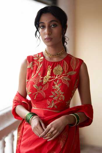 Buy_Label Earthen_Red Silk Embroidery, Zari, Sequins Round Neck Surkh Sitara Saree And Blouse Set _Online_at_Aza_Fashions