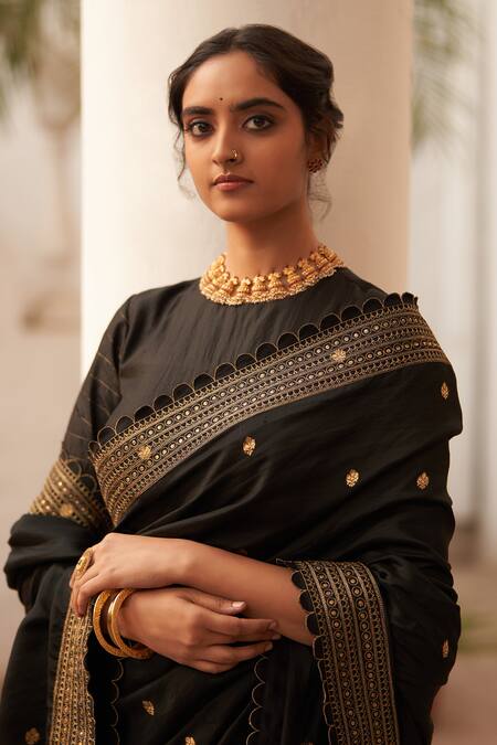 Buy Label Earthen Black Silk, Chanderi Zari, Sequins, Rani Kairi Floral Pattern Saree And Blouse Set Online at Aza Fashions Buy_Label Earthen_Black Silk, Chanderi Zari, Sequins, Rani Kairi Floral Pattern Saree And Blouse Set _Online_at_Aza_Fashions