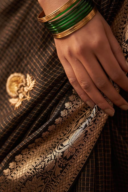 Label Earthen_Black Velvet, Silk Embroidery, Zari V-neck Surma Rani Phool Saree And Blouse Set _at_Aza_Fashions