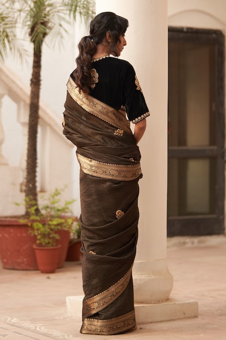 Label Earthen_Black Silk Zari, Embroidery Surma Rani Phool Saree _Online_at_Aza_Fashions