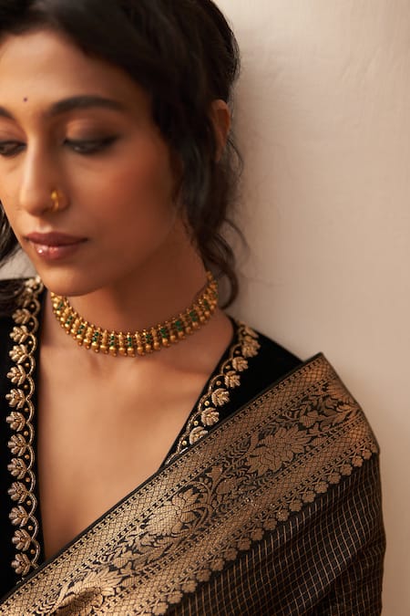 Buy_Label Earthen_Black Silk Zari, Embroidery Surma Rani Phool Saree _Online_at_Aza_Fashions