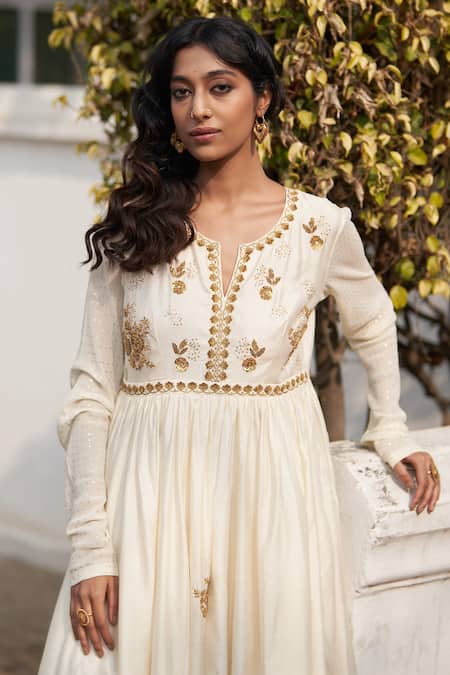 Label Earthen_White Chanderi Silk Embroidery, Sequins, Salma Sitara Anarkali Sharara Set _Online_at_Aza_Fashions