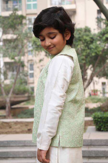 Shop_Taber Tikri_Green Silk, Cotton Embroidery, Sequins Floral Dori Bundi Set _Online_at_Aza_Fashions