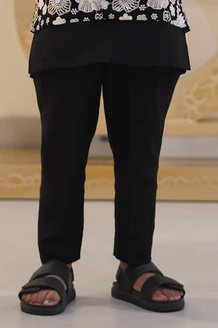 Buy_Taber Tikri_Black Cotton, Silk Embroidery, Sequins Floral Thread Jacket Kurta Set _Online_at_Aza_Fashions