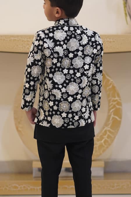 Shop_Taber Tikri_Black Cotton, Silk Embroidery, Sequins Floral Thread Jacket Kurta Set _Online_at_Aza_Fashions