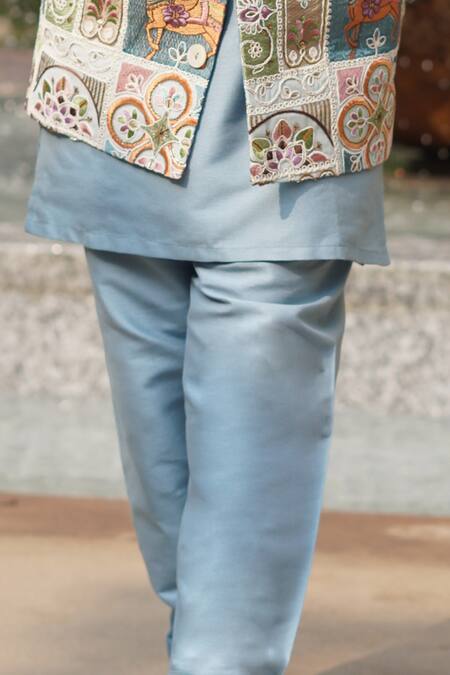 Taber Tikri Blue Cotton, Silk Embroidery, Sequins Mughal Tile Thread Bundi Set Online at Aza Fashions Taber Tikri_Blue Cotton, Silk Embroidery, Sequins Mughal Tile Thread Bundi Set_Online_at_Aza_Fashions