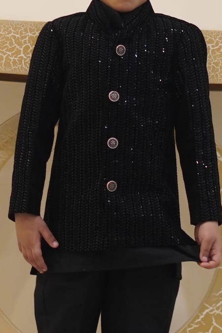 Taber Tikri_Black Velvet Embroidery, Sequins Striped Thread Jacket Kurta Set _Online_at_Aza_Fashions