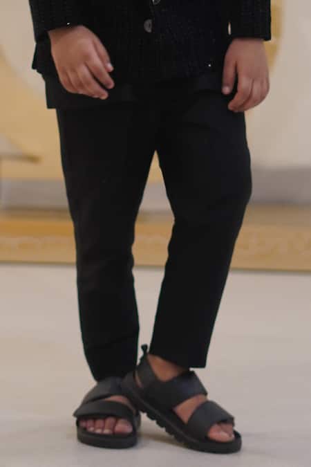 Buy_Taber Tikri_Black Velvet Embroidery, Sequins Striped Thread Jacket Kurta Set _Online_at_Aza_Fashions