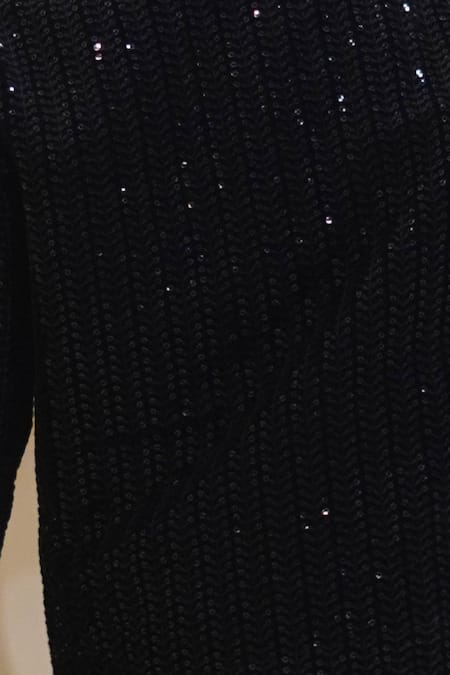 Shop_Taber Tikri_Black Velvet Embroidery, Sequins Striped Thread Jacket Kurta Set _Online_at_Aza_Fashions