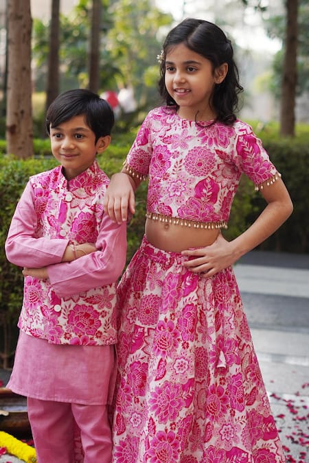 Taber Tikri Bloom Print Bundi Kurta Set 