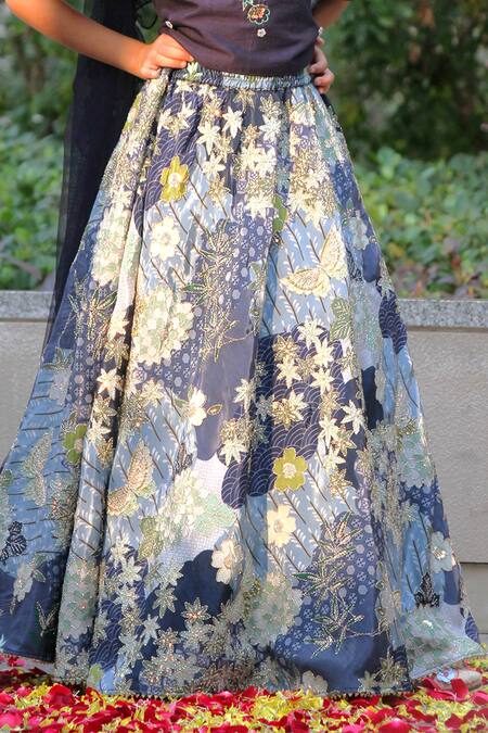 Shop_Taber Tikri_Blue Cotton, Silk, Net Sequins, Beads, Zari Forest Print Lehenga Set _at_Aza_Fashions