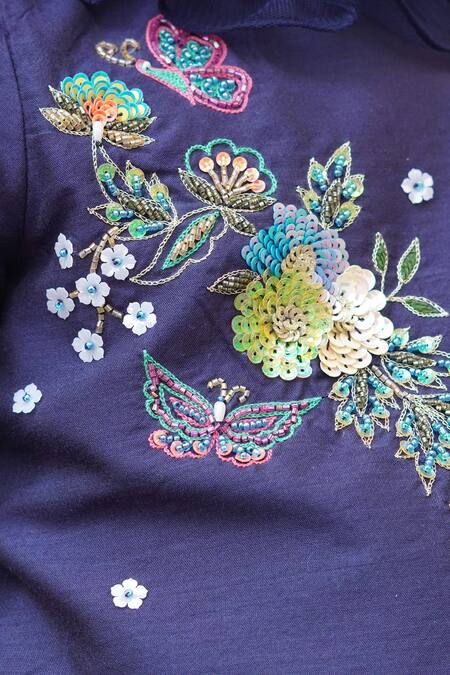 Taber Tikri_Blue Cotton, Silk, Net Sequins, Beads, Zari Forest Print Lehenga Set _Online_at_Aza_Fashions