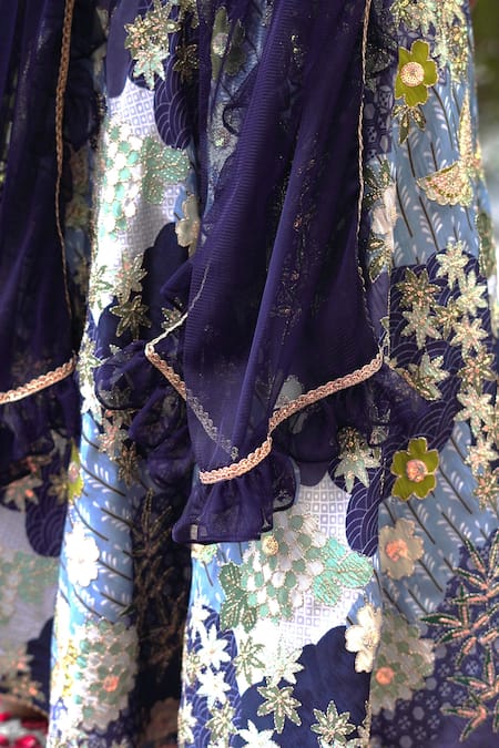 Buy_Taber Tikri_Blue Cotton, Silk, Net Sequins, Beads, Zari Forest Print Lehenga Set _Online_at_Aza_Fashions