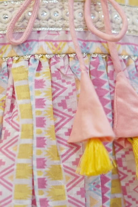 Buy_Taber Tikri_Off White Cotton Gota Patti, Tassels Geometric Print Kurta And Dhoti Pant Set _Online_at_Aza_Fashions