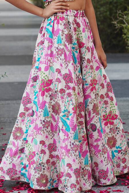 Taber Tikri_Off White Chiffon Sequins, Pearls Floral Jaal Print Lehenga And Blouse Set _Online_at_Aza_Fashions