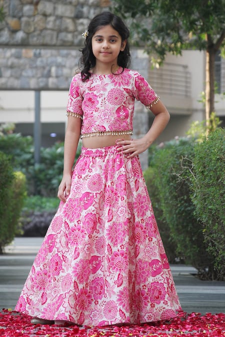 Taber Tikri Pink Chinon Printed And Embroidered Bloom Lehenga & Blouse Set 