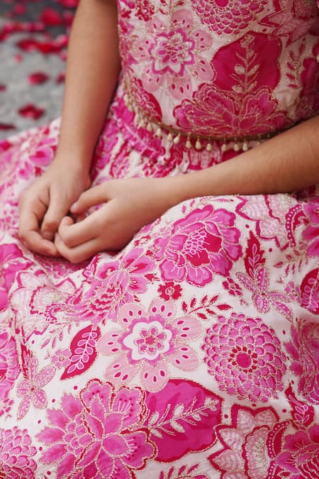 Taber Tikri_Pink Chiffon Pearls, Zari Bloom Print Lehenga And Blouse Set _Online_at_Aza_Fashions