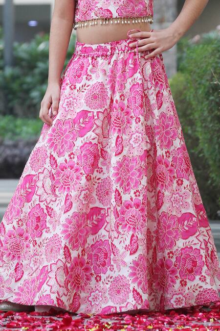 Buy_Taber Tikri_Pink Chiffon Pearls, Zari Bloom Print Lehenga And Blouse Set _Online_at_Aza_Fashions