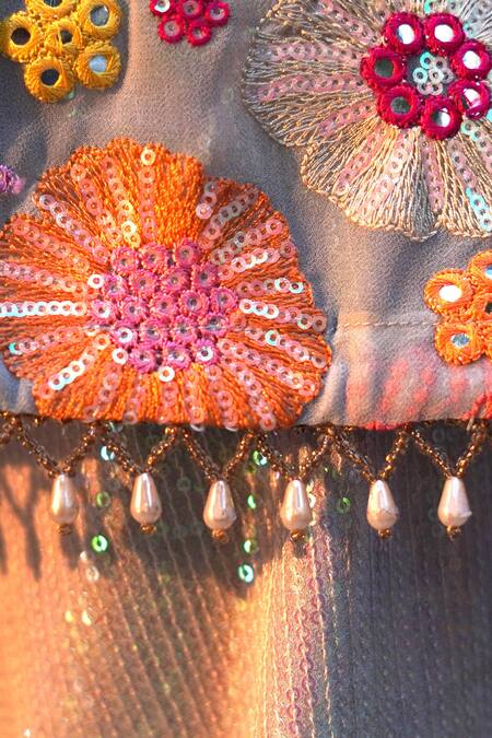 Buy_Taber Tikri_Grey Georgette Tassels, Sequins Floral Embroidered Kurta And Pant Set _Online_at_Aza_Fashions