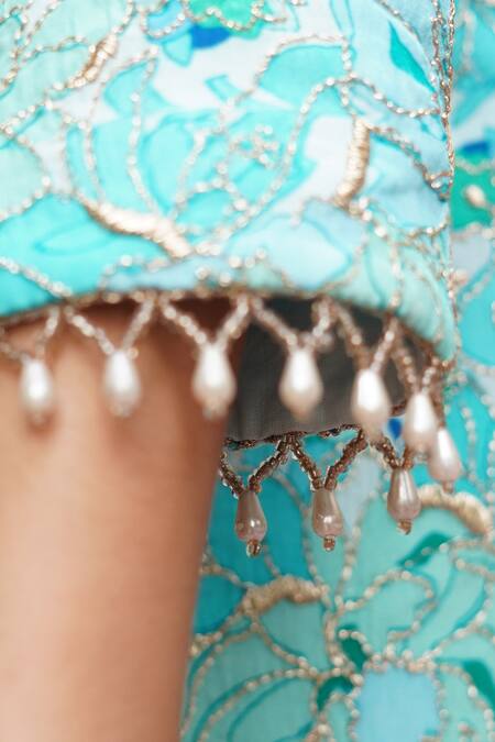 Taber Tikri_Blue Cotton, Silk Pearls, Beads, Sequins Bloom Print Kurta And Pant Set _Online_at_Aza_Fashions