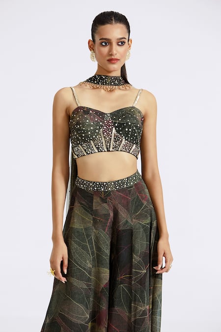 Buy_Basanti - Kapde Aur Koffee_Green Organza Sequins Sweetheart Neck Swarovski Embellished Blouse Sharara Set_Online_at_Aza_Fashions