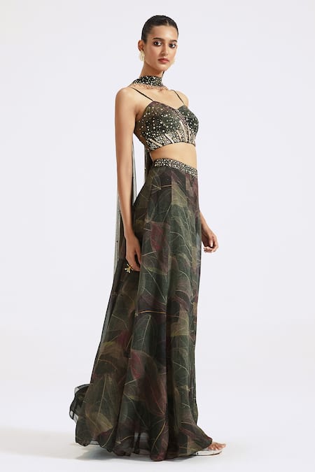 Shop_Basanti - Kapde Aur Koffee_Green Organza Sequins Sweetheart Neck Swarovski Embellished Blouse Sharara Set_Online_at_Aza_Fashions