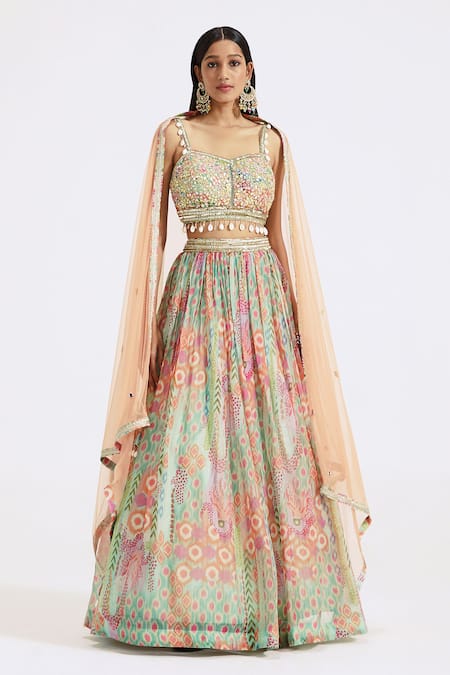 Basanti - Kapde Aur Koffee Multi Color Organza Print Abstract Sweetheart Neck Exotic Lehenga Set 