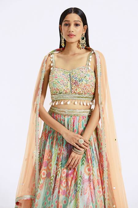 Buy_Basanti - Kapde Aur Koffee_Multi Color Organza, Net Embroidery, Sequins, Exotic Abstract Print Lehenga Set_Online_at_Aza_Fashions