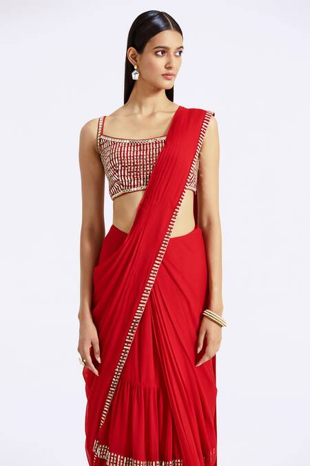 Basanti - Kapde Aur Koffee_Red Silk, Georgette Embroidery, Mirrors, Zari Pre-draped Saree With Blouse_Online_at_Aza_Fashions