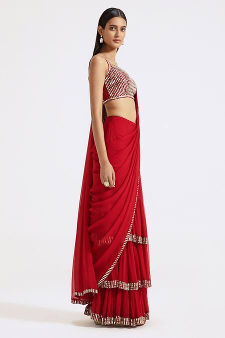 Buy_Basanti - Kapde Aur Koffee_Red Silk, Georgette Embroidery, Mirrors, Zari Pre-draped Saree With Blouse_Online_at_Aza_Fashions