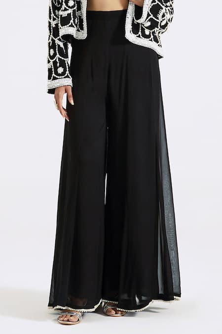 Basanti - Kapde Aur Koffee_Black Georgette Pearls, Tassels Open Neck Embroidered Jacket Sharara Set_Online_at_Aza_Fashions