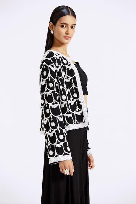 Shop_Basanti - Kapde Aur Koffee_Black Georgette Pearls, Tassels Open Neck Embroidered Jacket Sharara Set_Online_at_Aza_Fashions