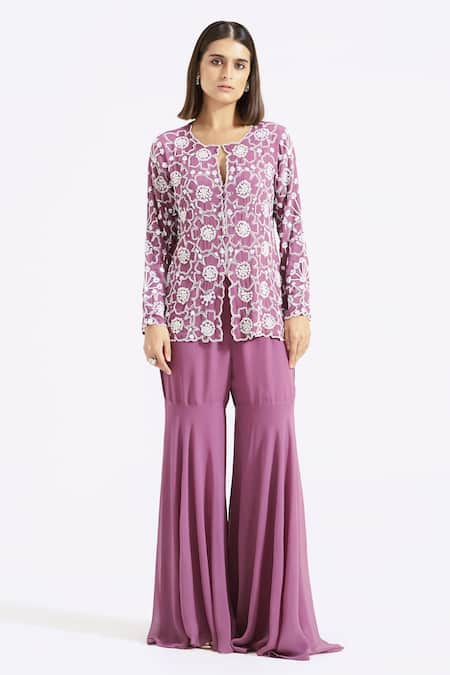 Basanti - Kapde Aur Koffee Purple Georgette Embroidery Pearls Round Floral Hand Jacket Kurta With Gharara 