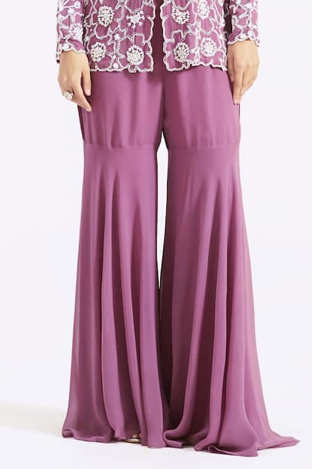 Basanti - Kapde Aur Koffee Purple Georgette Pearls, Floral Hand Embroidered Jacket Kurta With Gharara Online at Aza Fashions Basanti - Kapde Aur Koffee_Purple Georgette Pearls, Floral Hand Embroidered Jacket Kurta With Gharara_Online_at_Aza_Fashions